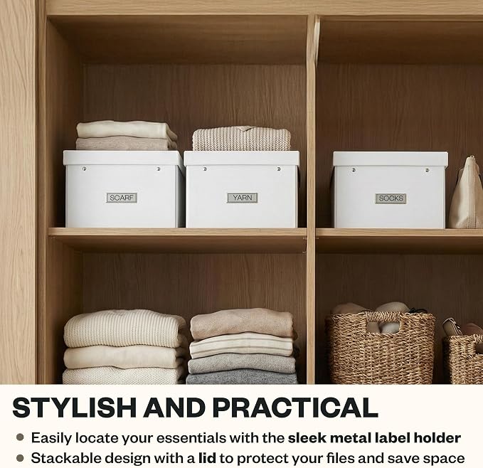 Bigso Box of Sweden Katia Collapsible Storage Box with Labelframe for Easy Identification - Simple Assembly Without Tools - Decorative Storage Boxes with Lids - 11.3in x 15.4in x 6.4in - White