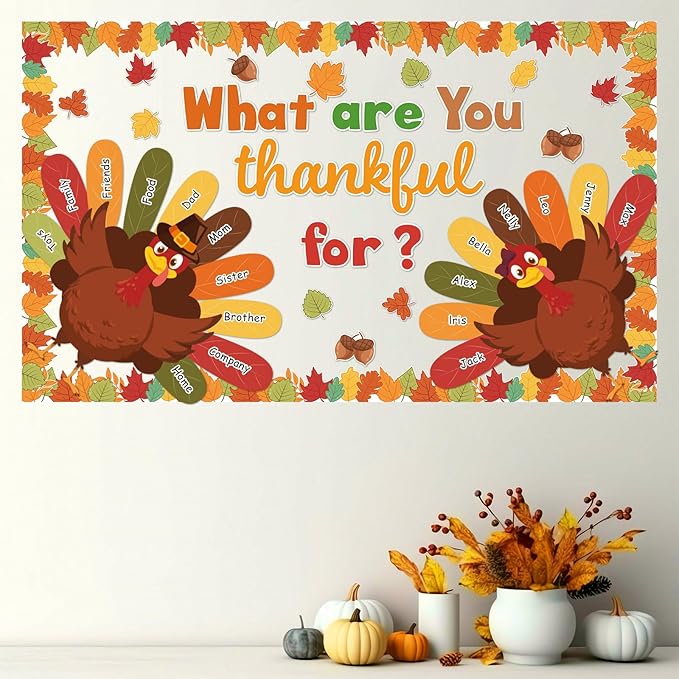 Fall Thanksgiving Turkey Classroom Bulletin Board Decorations We are Thankful Cutouts Autumn Maple Leaves Turkey Bulletin for Fall Harvest Student Teacher Wall Chalkboard Decor Supplies