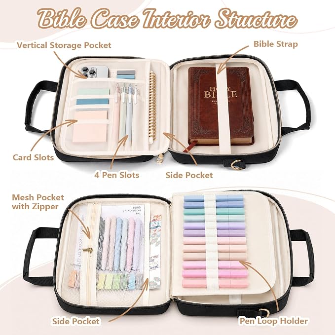 XKDOUS Bible Cover Case for Women, Quilted Large Bible Bag with Shoulder Strap, Bible Study Supplies with Highlighters, Tabs & Journaling Kit, Christian Gifts for Mom & Women (Black)