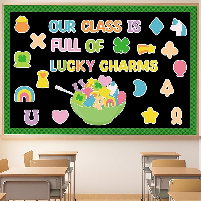 127Pcs St. Patrick's Day Bulletin Board Classroom Decoration Lucky Charms Cutouts Shamrock Clover Name Tags Green Plaid Border Trim School Classroom Party Supplies Chalkboard Wall Door Decor