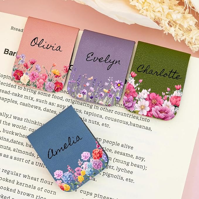 Personalized Magnetic Bookmark with Name, Custom Leather Bookmark for Readers, Customized Bookmark Gifts for Book Lovers, Birthday, Christmas, Women, Book Accessory (Birth Flower Shrubs)
