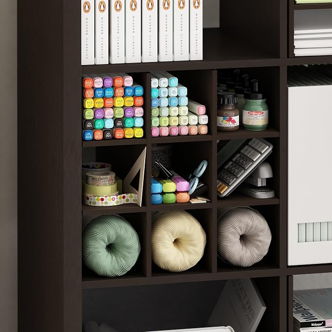 Furinno Cubicle Cube Insert, 9-Compartment Cube Organizer, 13.3W x 13.4H Insert Shelf for Extra Thick Series, for Organizers and Storage, Black Dark Oak (Does not fit IKEA Kallax Shelving)