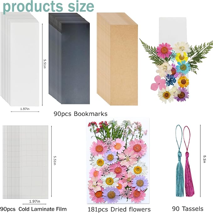Bakayoyo 451 pcs DIY Dried Pressed Flowers Bookmark Making Kit, DIY Paper Book Mark Bulk Craft Supplies for Book Lovers,Reading Women, Classroom& Ideal Gifts for Teachers Students Friends