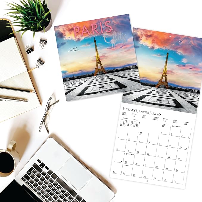Graphique 2026 Paris Glitz Wall Calendar | 12” x 12” | Thick Paper | Home & Office Organizer | Large Monthly Grid | 3 Languages & Marked Holidays | 4 Month Preview Page for 2027