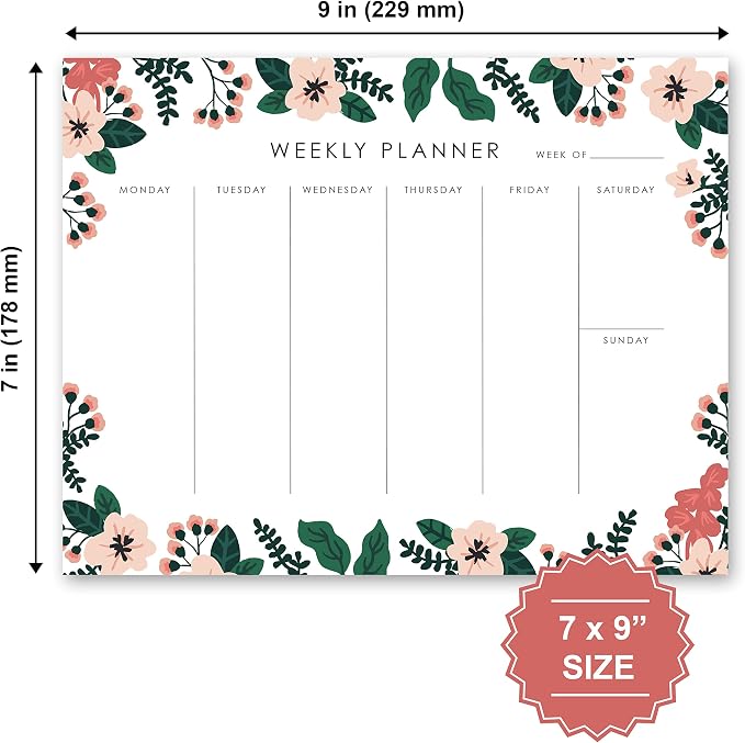 Weekly Planner Notepad - 9x7” inches, 52 tear off sheets - Undated Desk Planner Pad Calendar Notepad Organizer for Weekly To Do List, Notes and Schedule (Floral)