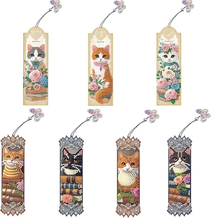 7PCS Cat Diamond Painting Bookmark DIY Diamond Art Kits for Adults, Acrylic Christian Diamond Art Bookmarks with Pendant for Book Lovers