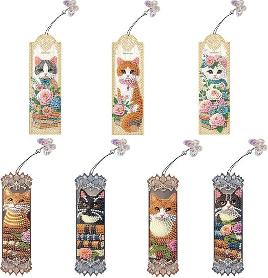 7PCS Cat Diamond Painting Bookmark DIY Diamond Art Kits for Adults, Acrylic Christian Diamond Art Bookmarks with Pendant for Book Lovers