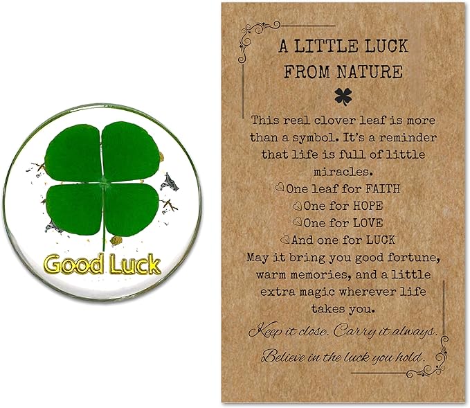 Real Four Leaf Clover Good Luck Pocket Token, Preserved Flower Resin Charm Gold Silver Foil, Real Clover for Wallet, Purse, Bag (Round Good Luck)