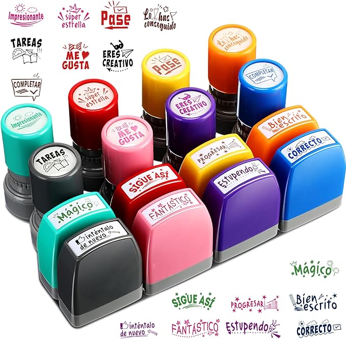 Jetec 16 Pcs Spanish Teacher Self Inking Stamps Teacher Gifts Motivation Grading Stamps for Signature Homework Reward Supplies(Rectangular + Round)