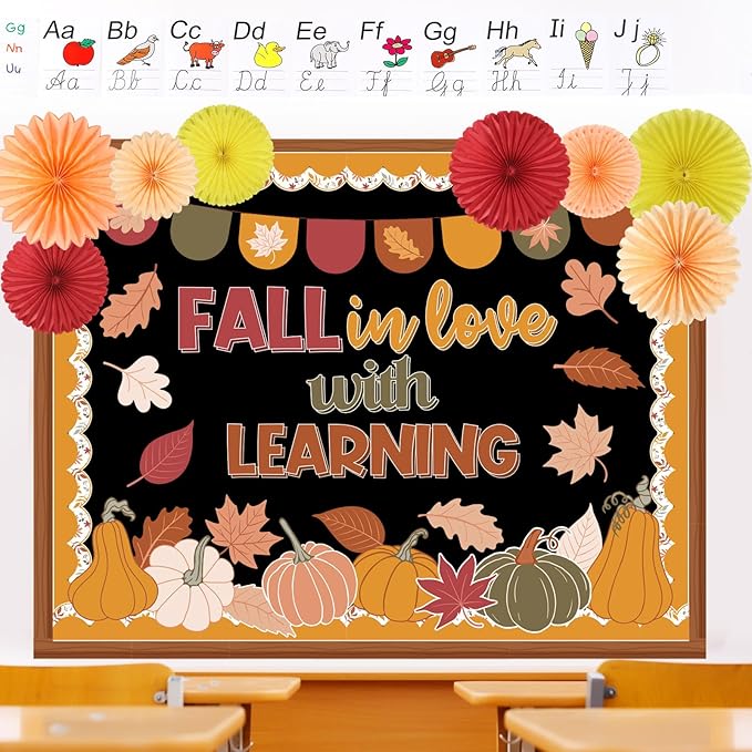 Containlol 66 Pcs Fall Thanksgiving Bulletin Board Decorations Thanksgiving Fall in Love with Learning Classroom Bulletin Board with 3D Paper Fans Boho Pumpkin Maple Leaves Cutouts for Classroom Decor