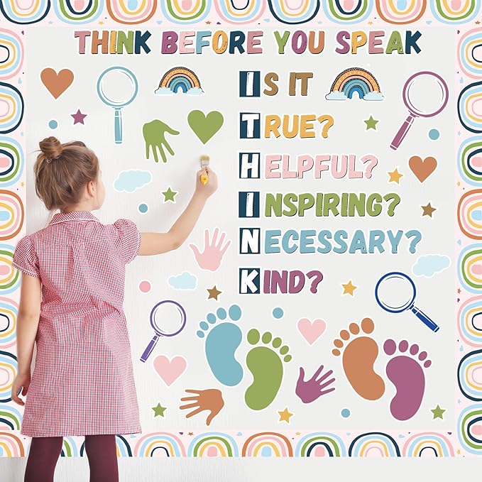 Boho Classroom Bulletin Board Decorations Kindness Motivational Think Before You Speak Middle School Poster Positive Educational Bulletin Board Wall Decor for Teachers Students Elementary Preschool
