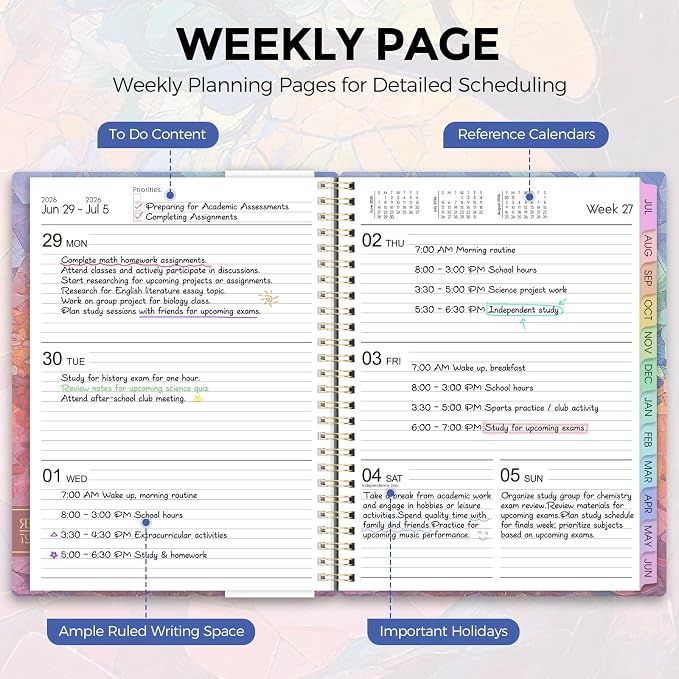 SKYDUE 2026-2027 Monthly and Weekly Academic Planner, July 2026-June 2027, 8.5"x11", Agenda Calendar with Colorful Tabs and Storage Pocket, Ideal for School Office Supplies