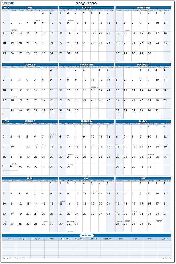 Fiscal/Academic Split Year July 2038 to June 2039 Vertical 12 Month Wall Calendar 36" x 24" - Dry & Wet Erasable with Next Year Planner Area. Complete with Fine tip Dry-erase Marker and Eraser