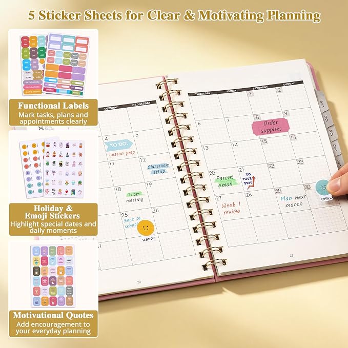 JoyCat Academic Planner 2026-2027, July 2026 - June 2027, A5 Weekly & Monthly Planner, Hardcover Agenda with Tabs, 5 Sticker Sheets, Elastic Closure & Pocket for Teachers & Students, 6.3" x 8.5", Pink