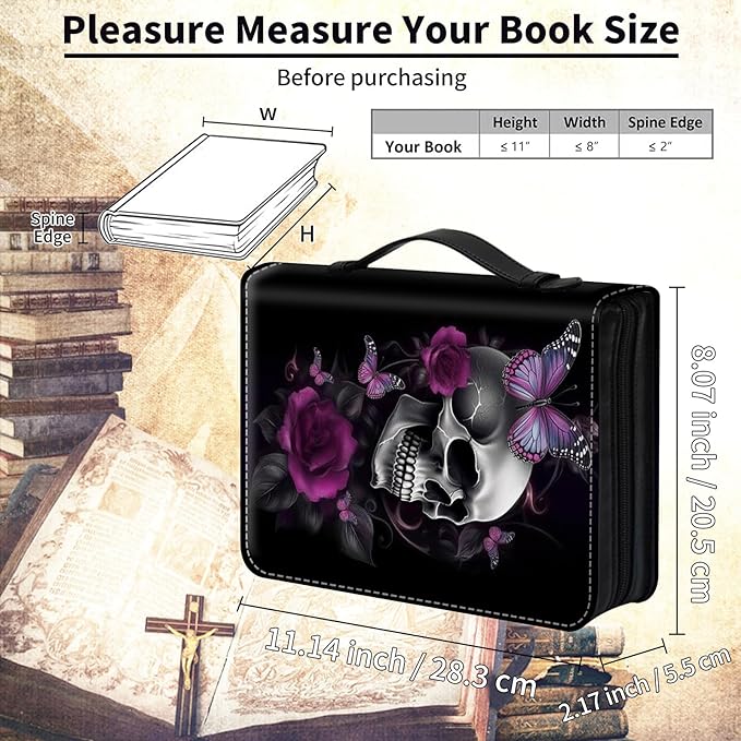 Bible Cover for Men,Large Leather Bible Case Fit Book Up to 11x8x2 Inch,Sugar Skull Butterlies Floral Bible Covers Bible Study Carrier Church Bags w/Handle & Zipper