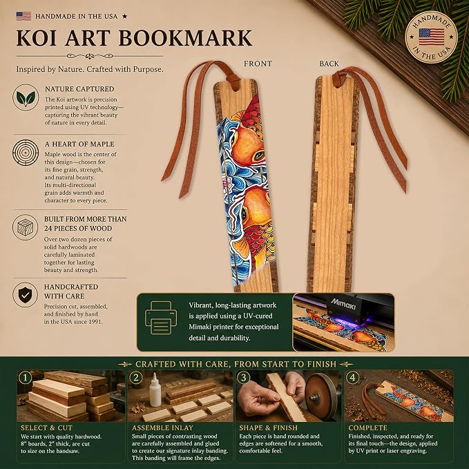 Japanese Koi Fish by Christi Sobel Personalized Wooden Bookmark | Custom Koi Pond Art Gift for Fish Lovers, Pond Enthusiasts, Gardeners & Readers | Handmade in the USA
