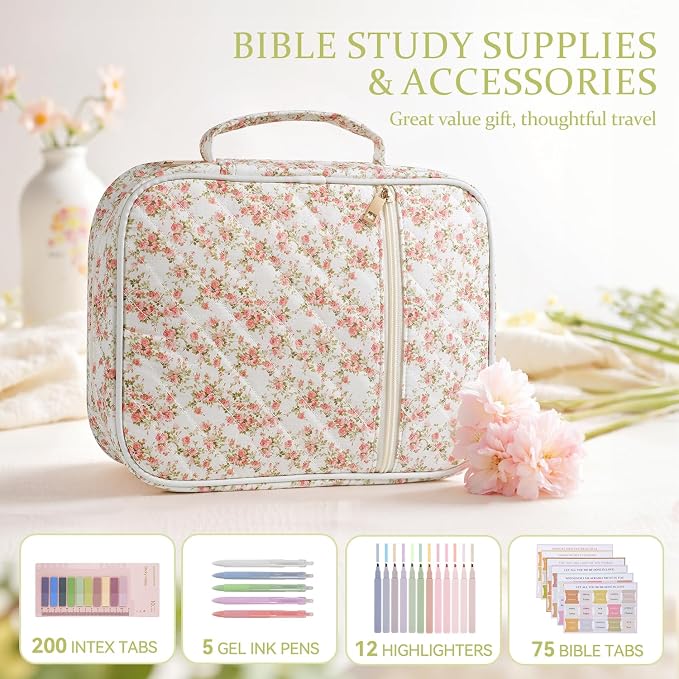 Bible Cover Case for Women Large Quilted Bible Carrying Bag with Handles Bible Study Supplies & Accessories Christian Gifts for Women(Siamese Rose, M)