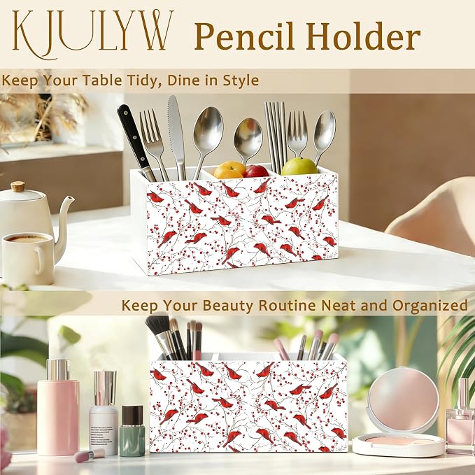 Red Cardinal Pen Holder for Desk, Cardinal Lover Gifts, Red Berry Botanical Bird Wooden Box Pencil Pen Holder Organizer for Home Office Desk Accessories