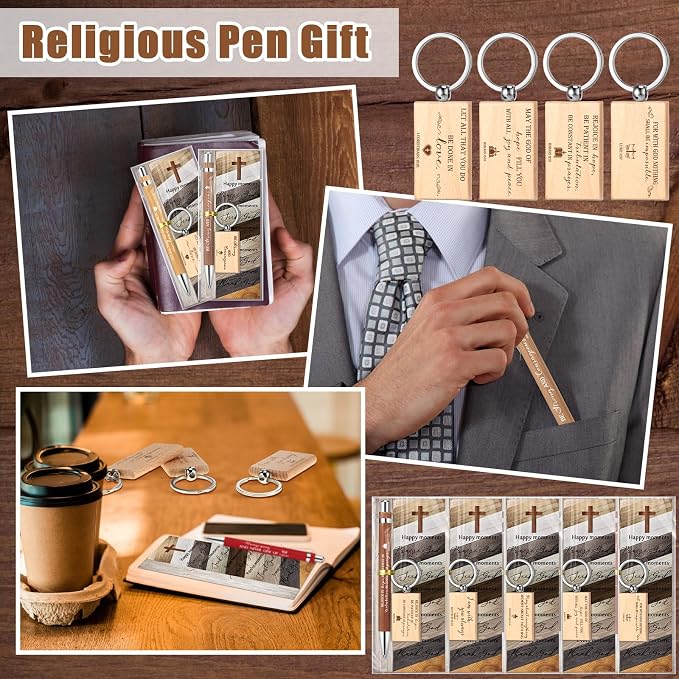 Spakon 120 Pcs Fathers Day Church Gifts Bulk, 40 Bible Verse Bamboo Pens 40 Church Keychains 40 Cross Bookmarks and Bags for Religious Sunday School Christian Party