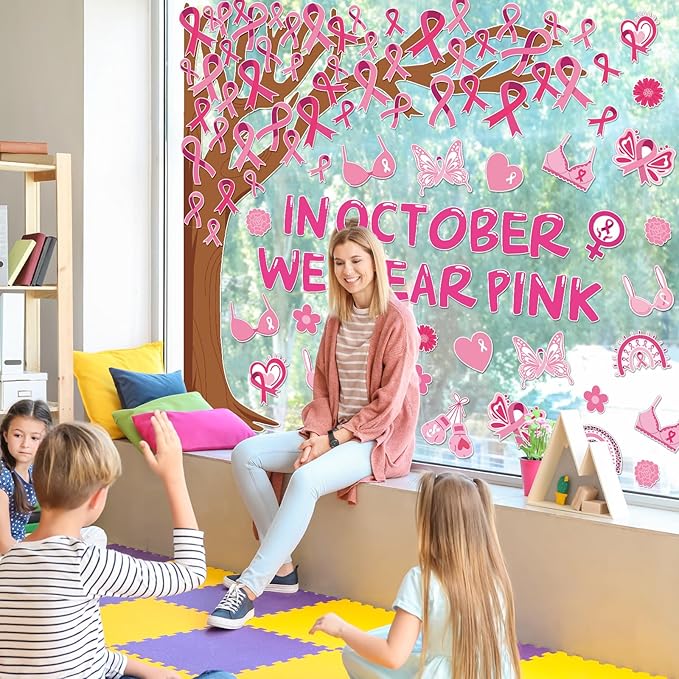 JarThenaAMCS 99 Pcs Breast Cancer Awareness Tree Bulletin Board Decoration Pink Ribbon Tree Paper Cutouts with 200 Pcs Glue Points for Party Home Classroom Office