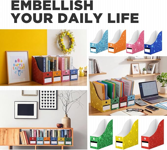Jutom 32 Pcs Magazine File Holder Set Including Colored Foldable Desk File Holder Organizer White Label Stickers Cat Pen Cardboard Magazine Storage Box for Document School Office (Solid,Glitter)