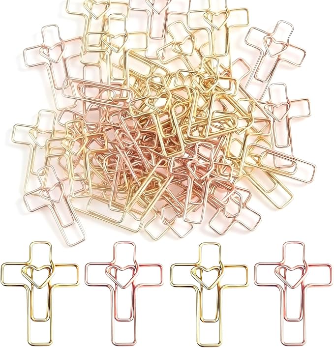 100 PCS Heart Cross Paper Clips for Bible Study Supplies,Christian Gifts,Jesus Bible Stuff Bookmark journaling Supplies Accessories, Easter Eggs fillers, Teacher Gifts (Gold and Rose)