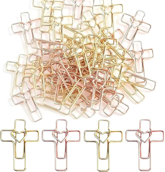 100 PCS Heart Cross Paper Clips for Bible Study Supplies,Christian Gifts,Jesus Bible Stuff Bookmark journaling Supplies Accessories, Easter Eggs fillers, Teacher Gifts (Gold and Rose)