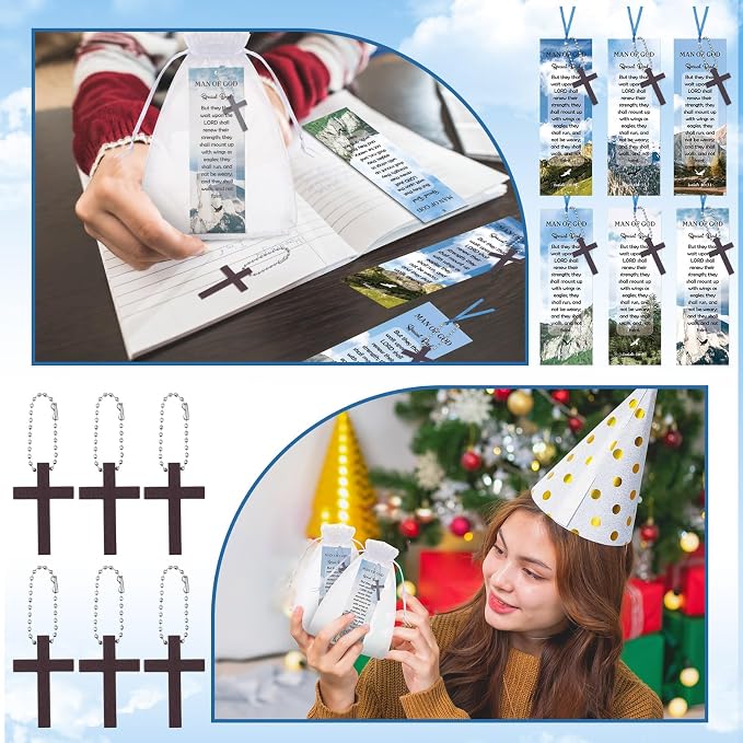 Dispowreath 24 Pcs Father's Day Christian Gifts Include 12 Wooden Cross Charm 12 Man of God Bookmark Religious Church Gift Special Dad for Men Church Prizes Party Favor