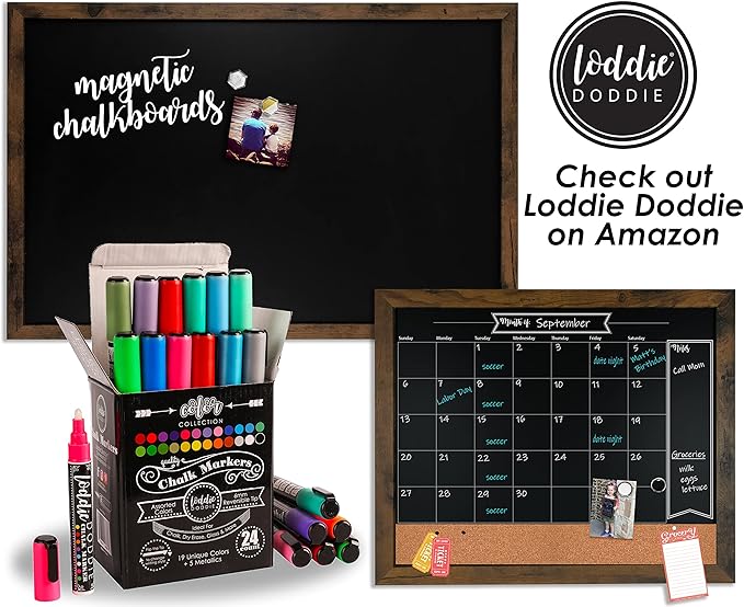 Loddie Doddie Magnetic Chalkboard - 18 x 22 in, White Frame, Wall Mount - Stain-Resistant Easy-Erase Magnetic Board - Photo & Note Display Magnet Board - Creative Fun Chalkboard for Kids