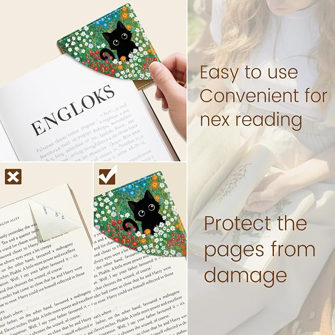Icycay Cute Black Cat Corner Bookmarks, Funny Leather Book Accessories for Book Lovers, 3 Pcs Reading Book Page Markers for Women Men Student Teacher Girls Boys Kids Retirement Birthday Gifts