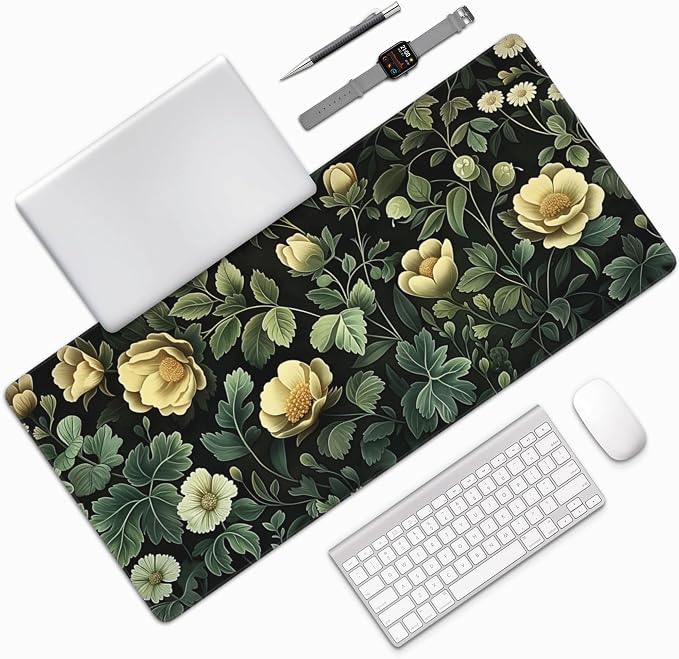 35.4" x 15.7" Dark Botanical Floral Extended Mouse Pad, Vintage Yellow Flower & Green Leaf Desk Mat with Non-Slip Base, Water Resistant for Gaming & Office