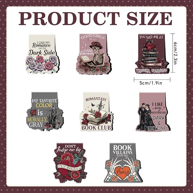 Dark Romance Magnetic Bookmarks: 8 Pcs Gothic Skeleton Magnet Book Marks, Dark Romance Merch, Romantasy Page Markers Clips, Bookish Gifts Reading Women Book Lovers