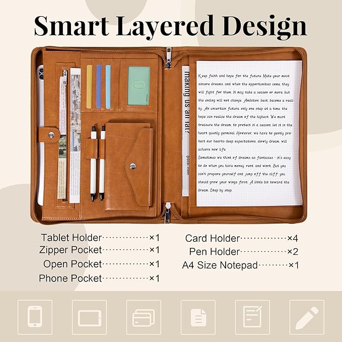 Calfinder Leather Padfolio Portfolio Binder, Zippered Padfolio with Handle for Men Women, A4 Letter Size Business Binder, Padfolio Folder Organizer for Interview Notebook Tablet