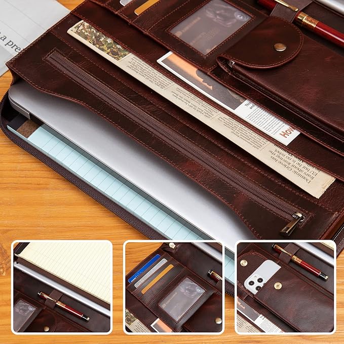 YIWEN Personalized Leather Portfolio, Zippered Padfolio Organizer Case, 8.5 x 11" Notepad Holder and 13" Tablet Folio, Professional Business Travel Gift for Women and Men (Dark Brown, Oil Wax Leather)