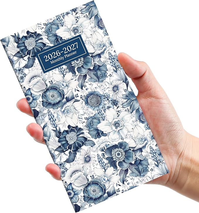 Pocket Calendar 2026-2027 for Purse, Two Year Monthly Planner Pocket Size, Jan 2026 to Dec 2027 Monthly Planner Small Size (6.5" x 3.5") - Blue Floral