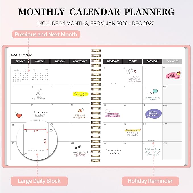 Monthly Planner 2026-2027, 2026 Calendar 24 Months Planner, JAN 2026 - DEC 2027, 7.4"x9.4", Personal Organizer with Monthly Goals, To-Do List, Habit Tracker, 24 Monthes for School Office Home Planning