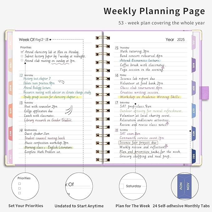 RETTACY Undated Planner, Weekly and Monthly, 53 Weeks and 12 Months, Medium Size (5.7" x 8.3"), 24 Self-adhesive Monthly Tabs, Hardcover, 100 GSM Thick Paper, Spiral-bound (Lilac)