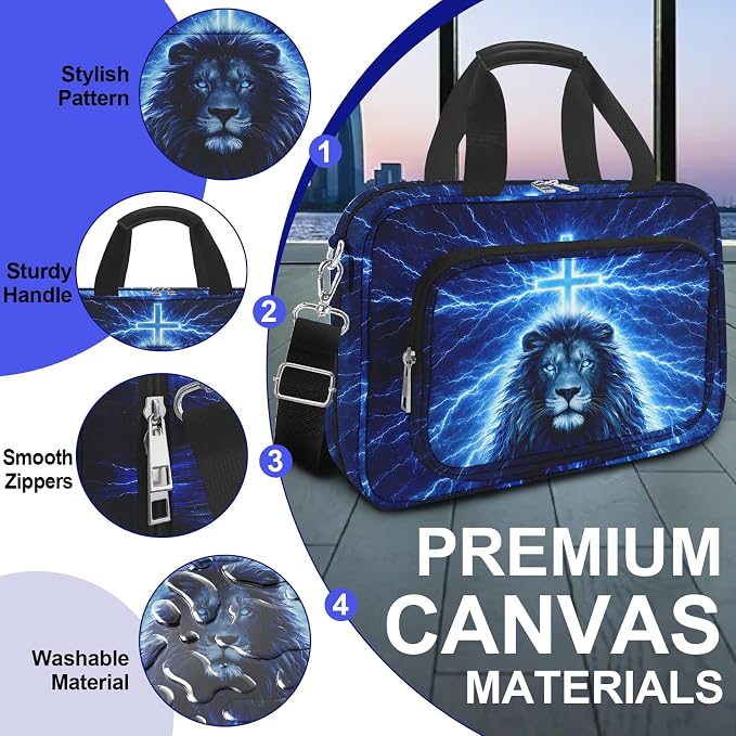 Lion Cross Large Bible Cover Case for Boys with Handle Zipper Pocket, Book Carrying Case with Pens Highlighters Cross Clips, Bible Study Supplies Journaling Kit, Christian Gifts for Men