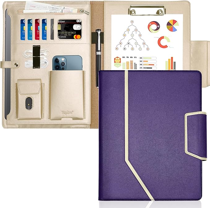 Toplive Purple Business Padfolio with Clipboard, A4/Letter Size, Card Holders, Document Sleeve, Professional Portfolio Case for Women & Men