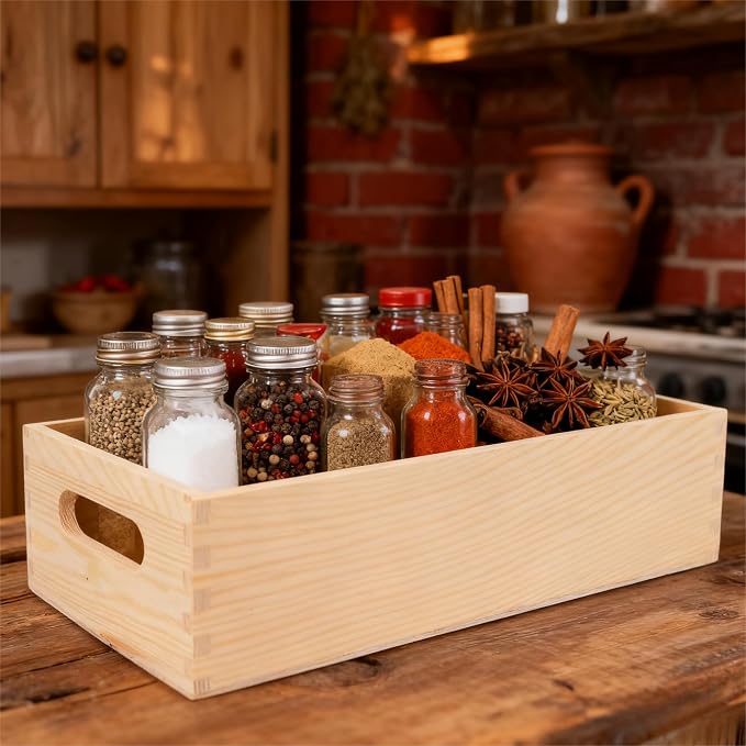 jojofuny Solid Wood Storage Box with Handles - Small Desktop Crate Organizer for Tools and Sundries Multi-Use Wooden Storage Crate Basket 9.84X5.90X3.07 Inch