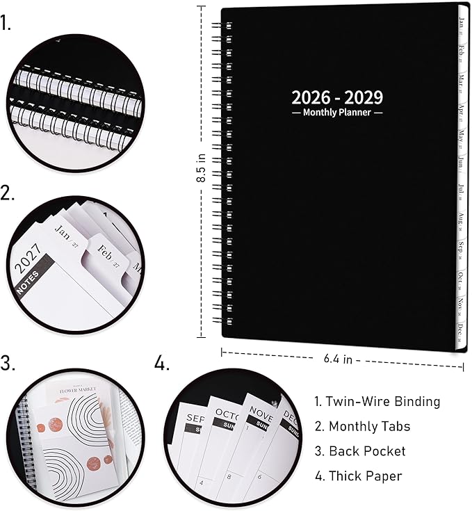 2026-2029 Monthly Planner/Calendar - 3 Year Monthly Planner 2026-2029, July 2026 - June 2029, 6.4" x 8.5", 36 Months Planner with Tabs, 30 Notes Pages, Double-Side Pocket, Holidays, Julian Dates
