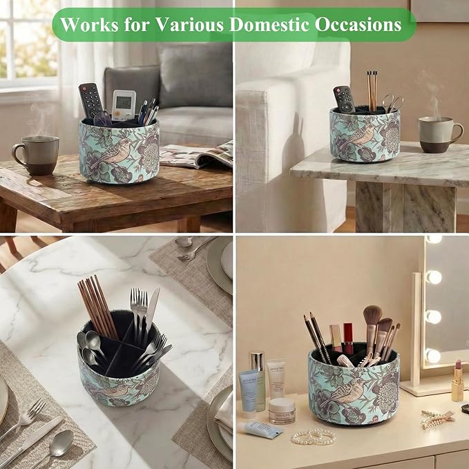 Round Leather Art Supply Organizer,Remote Control Holder,360 Degree Spinning,Multi-Functional Pencil Holder,4 Compartments Desktop Stationary Organizer(1-Green Bird)