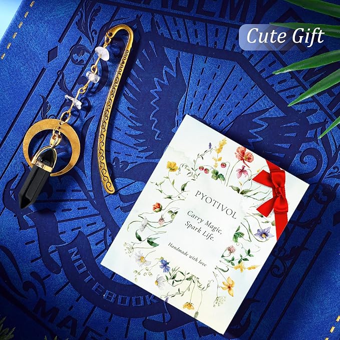Vintage Metal Bookmark Pendant with Natural Crystal Stones Black Obsidian Bead Chain–Elegant Bookmarks for Women,Men,Book Lovers,Teachers and Girls(Black Onyx)