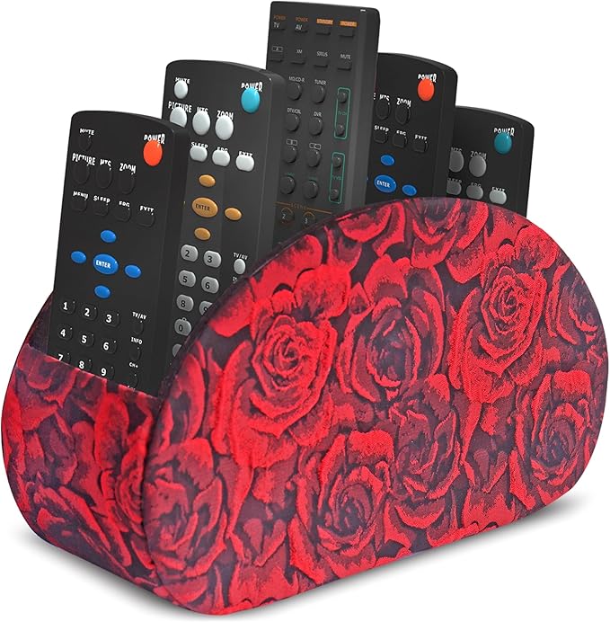 QIELIZI Remote Control Holder, PU Leather Remote Caddy Desktop Organizer with 5 Spacious Compartments for TV Remotes/Media Controllers/Office Supplies (1-3D Rose Red