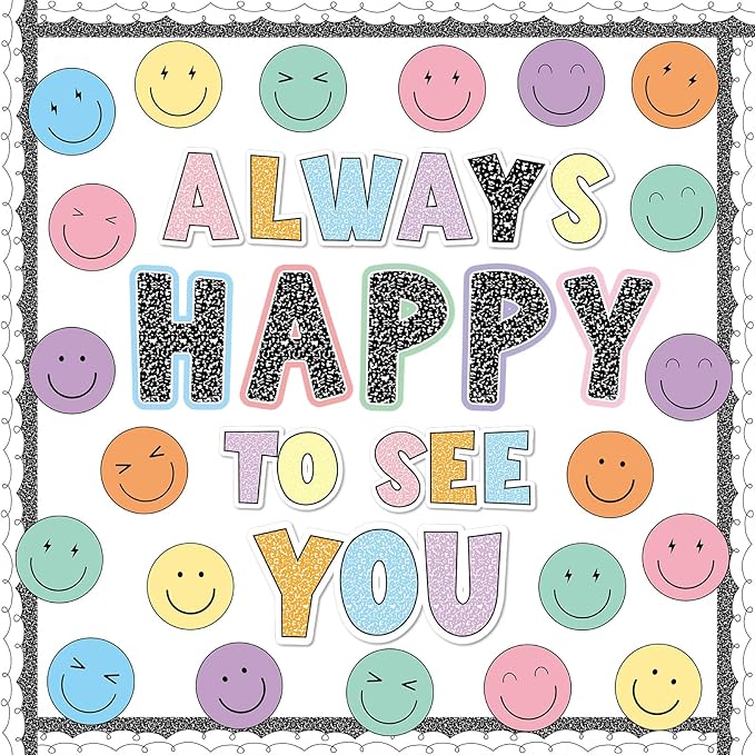 Composition Smile Face Bulletin Board Decoration Back to School Decor Always Happy to See You Bulletin Board Set Pastel Smile Face Paper Classroom Cutouts for Chalkboard Wall Door Decor Supplies