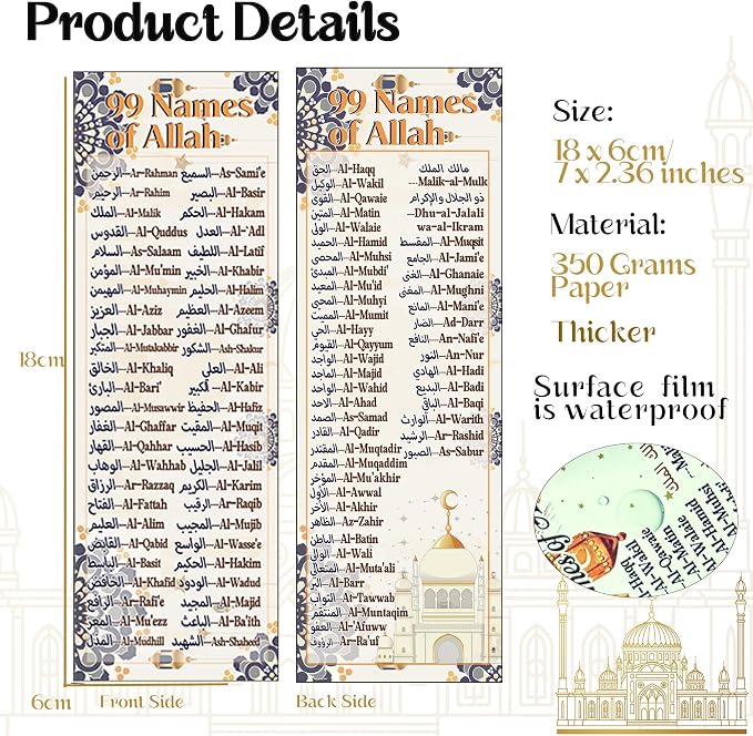 100 pcs Colorful 99 Names of Allah Bookmark Arabic English Islamic Bookmarks Reflecting on The Names of Allah Ramadan Eid Gifts Bulk Quran Muslim Islamic Arabic Gifts for Women Men Quran Learning