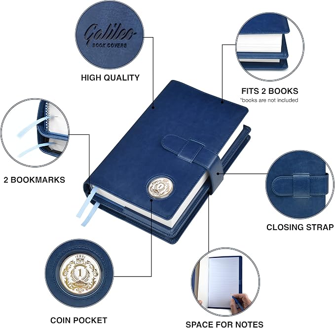 GALILEO® Double AA Big Book Cover & 12 Steps & 12 Traditions | Medallion Holder | AA Gift | Alcoholics Anonymous | PU Leather | AA Book Covers for Hardcover (Plain/Coin Pocket/Navy Blue)