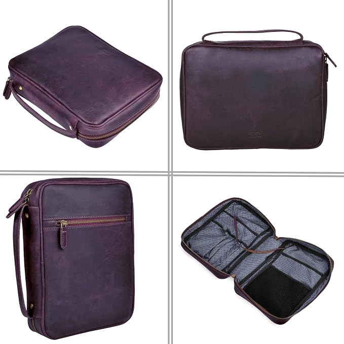 LEATHER VILLAGE Genuine Leather Bible Cover with Zipper for Men & Women - Large Bible Case Carrying Bag Book Cover & Organizer with Handle and Pockets - Leather Bible Covers for Church Study - Purple