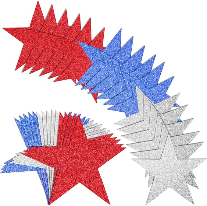 JUNEBRUSHS Patriotic Stars Cutouts, 48Pcs Double Sided Glitter Stars Cutouts 4th of July Paper Star Classroom Bulletin Board Decoration for Independence Day Wall Decor Craft Supplies