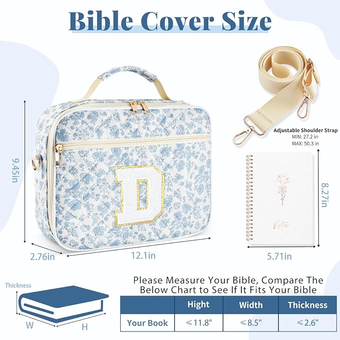 Personalized Initial Bible Cover Case for Women, Large Quilted Bible Bag with Durable Handle, Stylish Church Bag Journaling Kit with Study Supplies Accessories, Christians Gifts for Women (Blue-D)